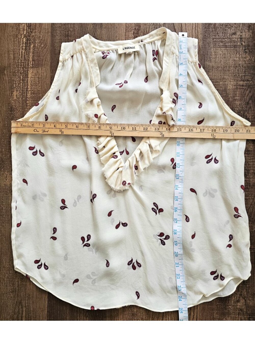 L’Agence 100% Silk Frayed Ruffle Sleeveless Blouse Top M Cream Ivory Paisley - Picture 3 of 9